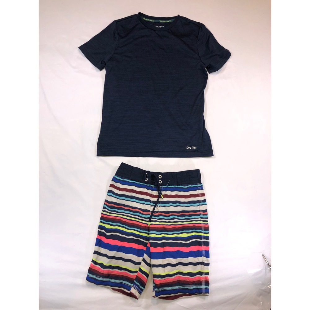 Boys Tek Gear Dry Tek Shirt and Gymboree Striped Board Shorts Swim Set Navy Blue